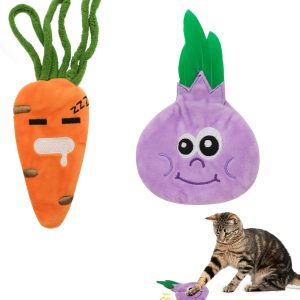 Andiker 2Pcs Cat Plush Toys, Cute Carrot&Onion Shape Catnip Toys& Cat Crinkle Toys Double Sturdy Sound Paper inside to Make Sound When Chew and Bite Cat Toys for Indoor Cats Kitten (Onion + Carrot)