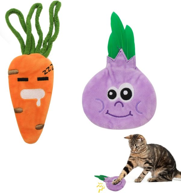 Andiker 2Pcs Cat Plush Toys, Cute Carrot&Onion Shape Catnip Toys& Cat Crinkle Toys Double Sturdy Sound Paper inside to Make Sound When Chew and Bite Cat Toys for Indoor Cats Kitten (Onion + Carrot)