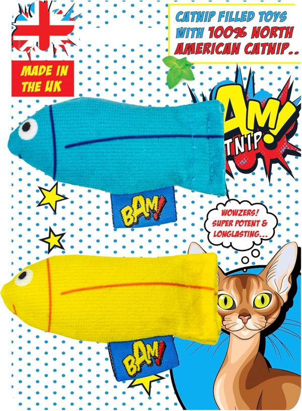 BAM! Strong Catnip Cat Toy North American Catnip Filled - Fish Shape In Yellow And Blue - Perfect For Playful Cats - Durable And Fun - Ideal 7.5cm Size For Cats Of All Ages And Breeds