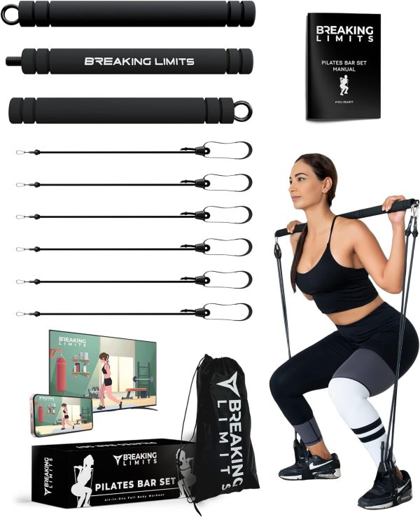 BREAKING LIMITS Pilates Bar Set - Length-Adjustable Exercise Bar with 6 Resistance Bands - Full Body Workout Gym Equipment for Home