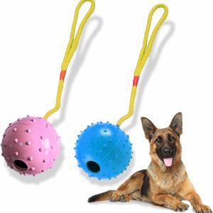 Ball On Rope Dog Toy Heavy Duty Pet Chew Rope Pimpled Ball Interactive Dog Pull & Tug Toy Studded Ball Tugger For All Dog Puppy Essentials Pet Accessories 40cm X 6.5cm Assorted Colours (Pack Of 1)