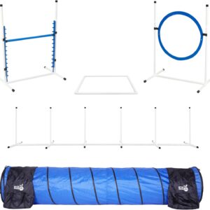 Better Sporting Dogs Premium Starter Dog Agility Set w/Safety-Focused Features | 5Pc Agility Kit | Bar Jump w/Cup Strips | Breakaway Tire Jump | Weave Poles | 10’ Tunnel & Sandbags | Pause Box