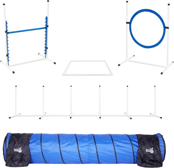 Better Sporting Dogs Premium Starter Dog Agility Set w/Safety-Focused Features | 5Pc Agility Kit | Bar Jump w/Cup Strips | Breakaway Tire Jump | Weave Poles | 10’ Tunnel & Sandbags | Pause Box