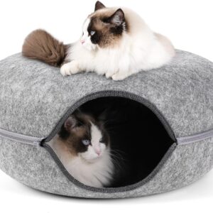 Bininl Cat Tunnel Bed，Cat Cave Bed，Indoor Cat Hideout，Detachable Round Felt & Washable Interior Cat Play Tunnel for Small Pets Rabbits, Kittens(24 Inch, Light Grey