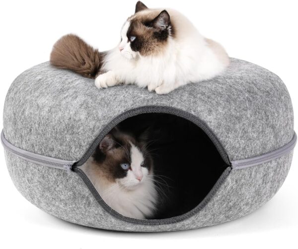 Bininl Cat Tunnel Bed，Cat Cave Bed，Indoor Cat Hideout，Detachable Round Felt & Washable Interior Cat Play Tunnel for Small Pets Rabbits, Kittens(24 Inch, Light Grey