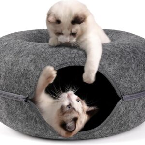 Bininl Peekaboo Cat Cave,Cat Tunnel Bed for Indoor Cats,Bininl Cat Donut Tunnel for Pet Cat House,Detachable Round Cat Felt & Washable Interior Cat Play Tunnel (20 Inch, Dark Grey)