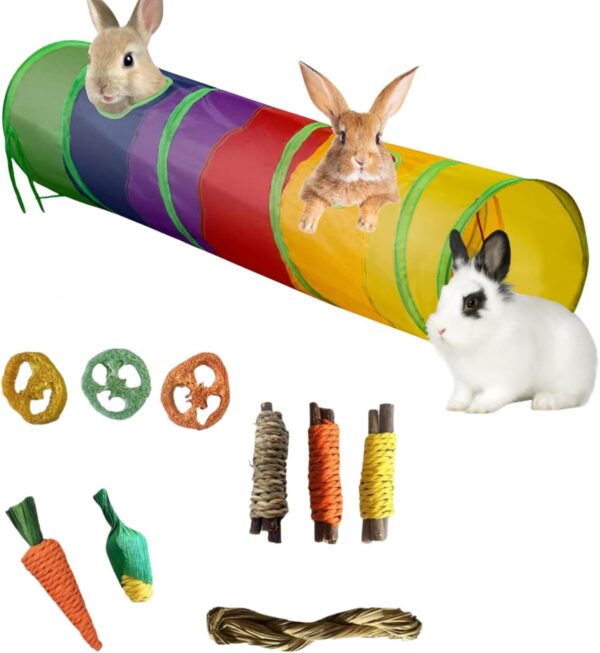 Bunny Tunnel Shape I Rabbit Tunnel Toys, Pet Toys Play Tunnels for Cats Kittens Rabbits Puppies Crinkle Pop Up Rainbow 45 with 9 Chew Toys (Rainbow)