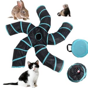 Cat Play Tunnels Collapsible Pet Tube - Interactive Cat Activity 5-Way Tunnels with Bells, Pets Puzzle Hunt Chase Training Center for Kitten, Ferret, Small Animals, Black Blue