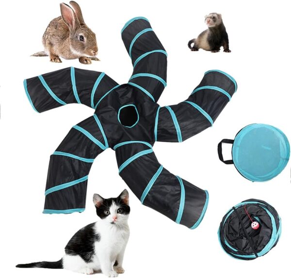 Cat Play Tunnels Collapsible Pet Tube - Interactive Cat Activity 5-Way Tunnels with Bells, Pets Puzzle Hunt Chase Training Center for Kitten, Ferret, Small Animals, Black Blue