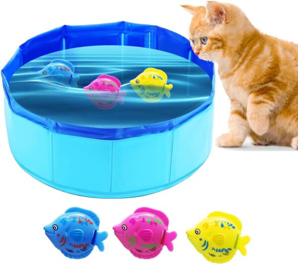 Cat Pool Toy with Fish Water Cat Toys, Portable Swimming Pool Cat Toy,Foldable Cat Pool with Interactive Fish Toys,Cat Toy Fish Pool to Stimulate Your Pet's Hunter Instincts (11.81X4 IN)