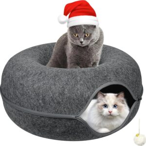 Cat Tunnel Bed , Cat Cave Bed ，Beds for Indoor Cats - Large Cat House for Pet Cat Cave ，Detachable Round Felt & Washable Interior Cat Play Tunnel for Small Pets (24 Inch, Dark Grey)