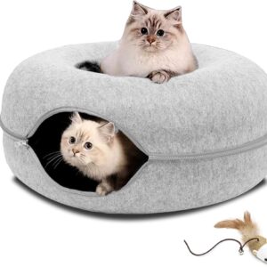 Cat Tunnel Bed, Peekaboo Cat Cave - Universal for All Seasons Cat Bed and Cat Cave,Detachable Round Cat Felt and Washable Interior Cat Play Tunnel (L(24x24x11), Light Grey)