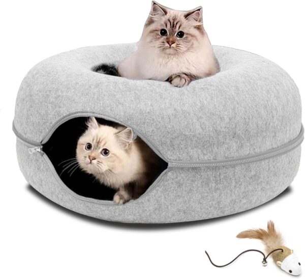 Cat Tunnel Bed, Peekaboo Cat Cave - Universal for All Seasons Cat Bed and Cat Cave,Detachable Round Cat Felt and Washable Interior Cat Play Tunnel (L(24x24x11), Light Grey)