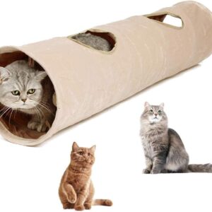 Cat Tunnel Toy Plush Add Oxford Cloth Double Hole Tunnel with Ball, Cat Game Toy Interactive toy, Cat Tunnel Pop-up Collapsible Pet Aisle (Beige)