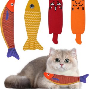 DYMHQ 4Pcs Cat Catnip Pillow Toy Multipurpose Set, Durable Cat Nip Kicker Toy Fish, Natural Cat Catnip with Bells Inside Toy, Interactive Kitten Teeth Cleaning Toys, Cat Chew Toy for Pet Exercising