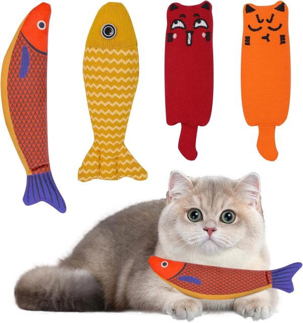 DYMHQ 4Pcs Cat Catnip Pillow Toy Multipurpose Set, Durable Cat Nip Kicker Toy Fish, Natural Cat Catnip with Bells Inside Toy, Interactive Kitten Teeth Cleaning Toys, Cat Chew Toy for Pet Exercising