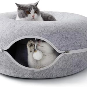 FAZLANIX Light Grey Cat Tunnel Cave - 50cm Diameter Medium Size, Felt Tunnel, Round Cat Bed, Detachable Design, Cozy Kitten Donut House - Toy Hiding Tent, Great for Pets, Kittens, Rabbits, Puppies