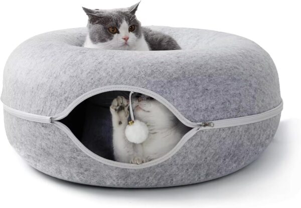 FAZLANIX Light Grey Cat Tunnel Cave - 50cm Diameter Medium Size, Felt Tunnel, Round Cat Bed, Detachable Design, Cozy Kitten Donut House - Toy Hiding Tent, Great for Pets, Kittens, Rabbits, Puppies