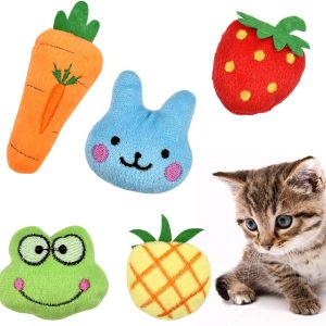 Fodlon Catnip Toys for Cats, 5Pcs Interactive Cat Catnip Toys Cute Shape Soft Plush Cat Pillow for Cat Kitten Teeth Cleaning Playing Chewing Pet Play Toy Strawberry/Frog/Rabbit/Pineapple