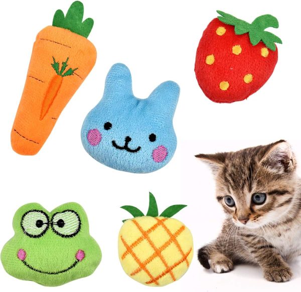 Fodlon Catnip Toys for Cats, 5Pcs Interactive Cat Catnip Toys Cute Shape Soft Plush Cat Pillow for Cat Kitten Teeth Cleaning Playing Chewing Pet Play Toy Strawberry/Frog/Rabbit/Pineapple