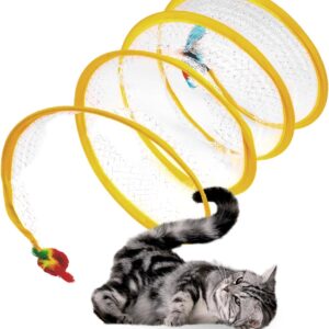 Folded Cat Tunnel for Indoor Cats, Cat Tunnels Cat Tube Tunnel with Feather Mouse Toys, Puppy Kitten Playing Tent, Upgrade Collapsible Cat Tube Tunnel, Cat Springs Exercise Toys