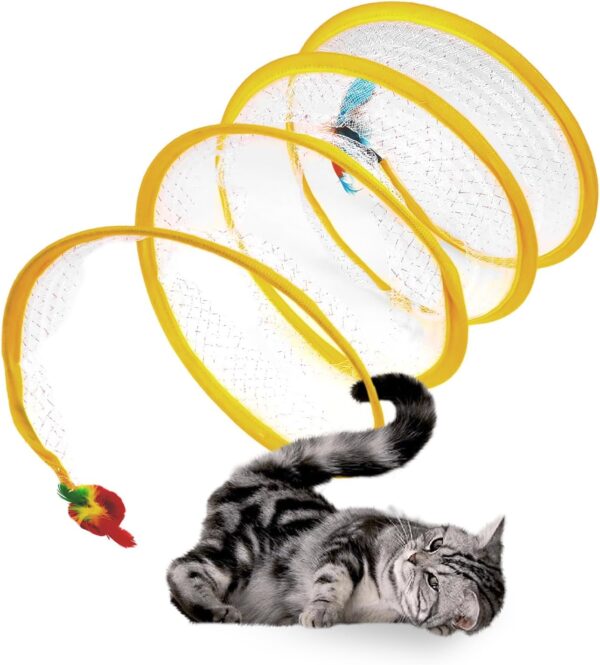 Folded Cat Tunnel for Indoor Cats, Cat Tunnels Cat Tube Tunnel with Feather Mouse Toys, Puppy Kitten Playing Tent, Upgrade Collapsible Cat Tube Tunnel, Cat Springs Exercise Toys