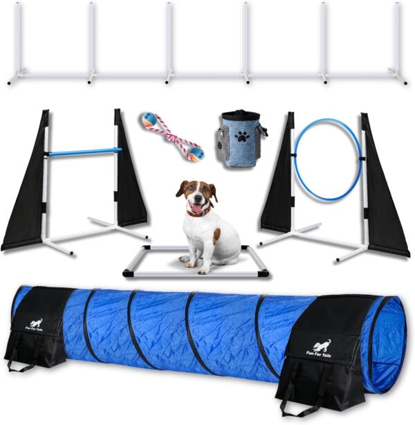 Fun for Tails Starter Dog Agility Training Equipment Set with Dog Training Toys for Agility, includes Whistle, Clicker, Treat Bag, Rope, Tennis Ball Toy - Perfect Dog Agility Course Backyard Set