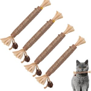 GOEDEKE Cat Toys Silvervine Sticks,4Pcs cat nips toys,Kitten Teething Toys,Cat Sticks,Catnip Toy for Cats,Cat Teeth Cleaning, Kitty Dental Chew Stick,Kitten Teething and Stress Release(Brown)