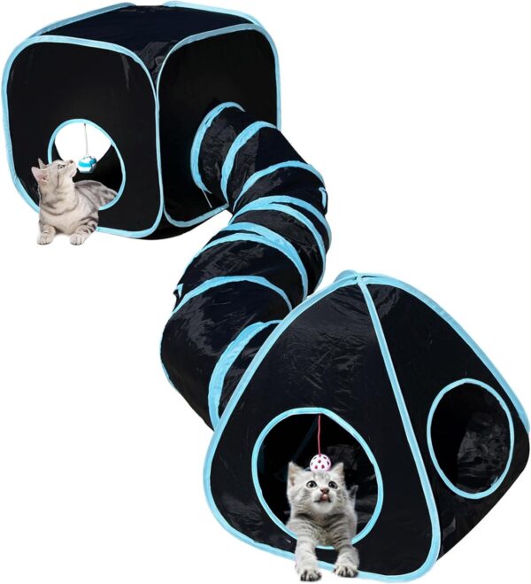 GONPETGP Cat Tunnels for Indoor Cats with Cube Tent Toys Combo, Pop Up Collapsible Crinkle Interactive Peek Hole, Cat Tube with Play Ball and Bell for Kitten, Puppy, Kitty, Rabbit - Set of 3