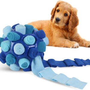 GRAY'S FAVES Snuffle Ball for Dogs with Treat Dispensing Enrichment for Training, Treat Feeding, Fetch, Natural Foraging, and Active Pet Play, Interactive Puzzle, Soft Fabric, TPR Rubber (Blue)