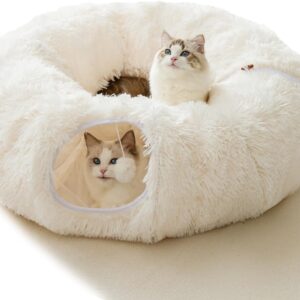 HIPIPET Winter Plush Cat Tunnel with Cat Bed for Indoor Cats,Multifunctional Cat Toys for Small Medium Large Cat.(White)