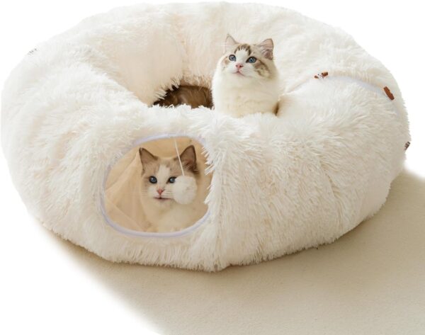 HIPIPET Winter Plush Cat Tunnel with Cat Bed for Indoor Cats,Multifunctional Cat Toys for Small Medium Large Cat.(White)