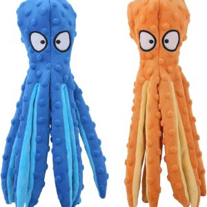 HYAKUSEI Plush Squeaky Dog Chew Toys, 2 Pack Soft Durable No Stuffing Puppy Toys Set with Sound Paper and Squeaky, for Small and Medium Dogs, Octopus