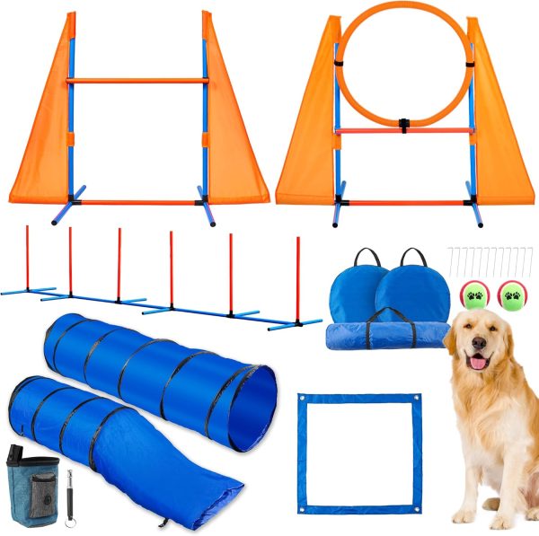 Handnam Dog Agility Course Backyard Set, Portable Agility Training Equipment for Dogs - 2 Agility Tunnel, 2 Jumps, 6 Weave Poles, Pause Box & More, Dog Obstacle Course Kit for Indoor and Outdoor