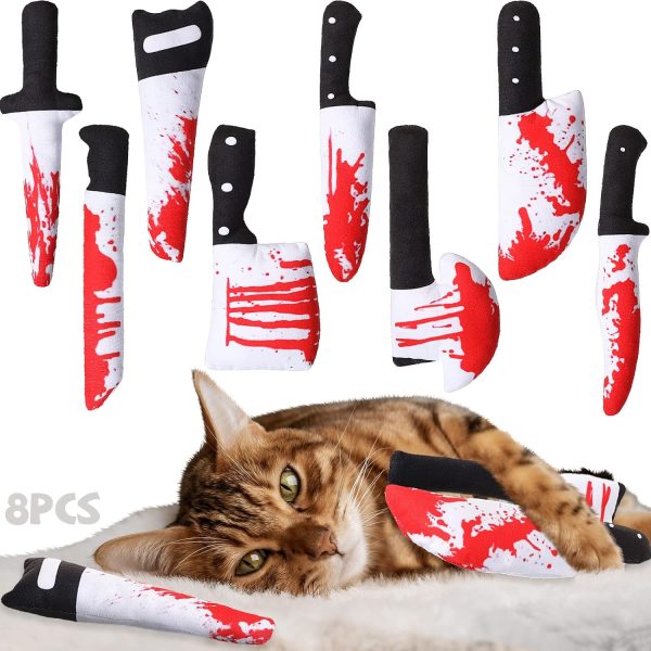 Honoson 8 Pcs Halloween Knife Cat Chew Toys Catnip Toys Interactive Stuffed Kitten Chew Toys Teething Bite Resistant Soft Plush Cat Toys for Indoor Kitten Cats Boredom Relief Teeth (knife pattern)