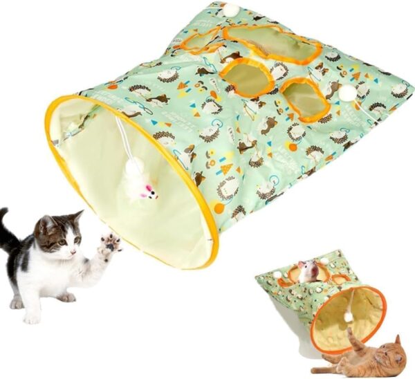 Interactive Cat Tunnel Bags for Indoor Cats - Collapsible Tube Toy with Plush Ball, Tents, and Crinkle Paper - 2024 for Pet Play - Self Interactive Cat Toys （Green）