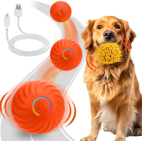 Interactive Dog Toys Ball, Self Rolling Dog Ball with Cover Anti-Chewer for Small/Medium/Large Puppy Pet Toys, Active Rolling Ball for Dogs Enrichment, Motion Activated Toys That Move its Own Orange