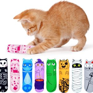 JpGdn 8pcs Pack Halloween Cat Kicker Toys with Catnip Crinkle Sound Toys for Cats Cute Ghost Pumpkin Plush Kittens Shape Natural Interactive Toys Indoor Pet Cats Chew Stick