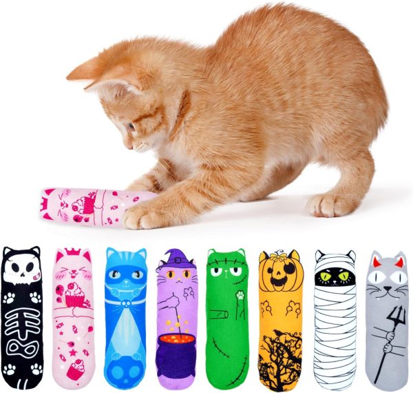 JpGdn 8pcs Pack Halloween Cat Kicker Toys with Catnip Crinkle Sound Toys for Cats Cute Ghost Pumpkin Plush Kittens Shape Natural Interactive Toys Indoor Pet Cats Chew Stick