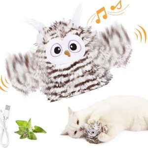 Kimee Interactive Cat Toy Rechargeable Automatic Chirping Owl Cat Toy with Catnip, Auto Beating Wings Flying Bird Cat Toys for Indoor Cats to Play Alone, Never Boredom