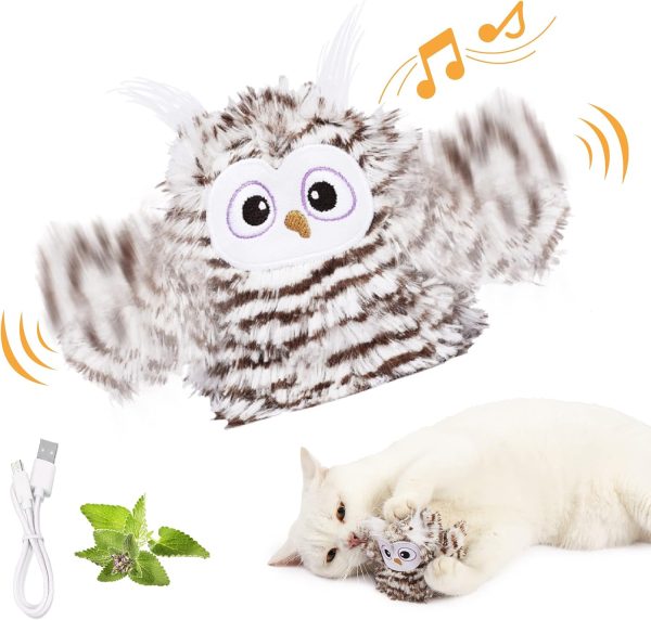 Kimee Interactive Cat Toy Rechargeable Automatic Chirping Owl Cat Toy with Catnip, Auto Beating Wings Flying Bird Cat Toys for Indoor Cats to Play Alone, Never Boredom