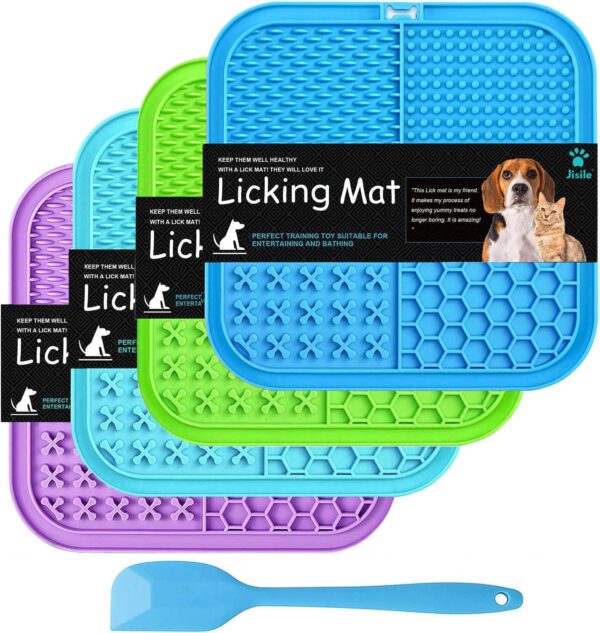 Licking Mat for Dogs & Cats 4 Pack, Slow Feeder Lick Pat Dog Enrichment Toys, Feeding Mat Anxiety Relief with Suction Cups for Butter Food Yogurt Peanut, Pets Training Mat (Blue&Green&Cyan&Purple)