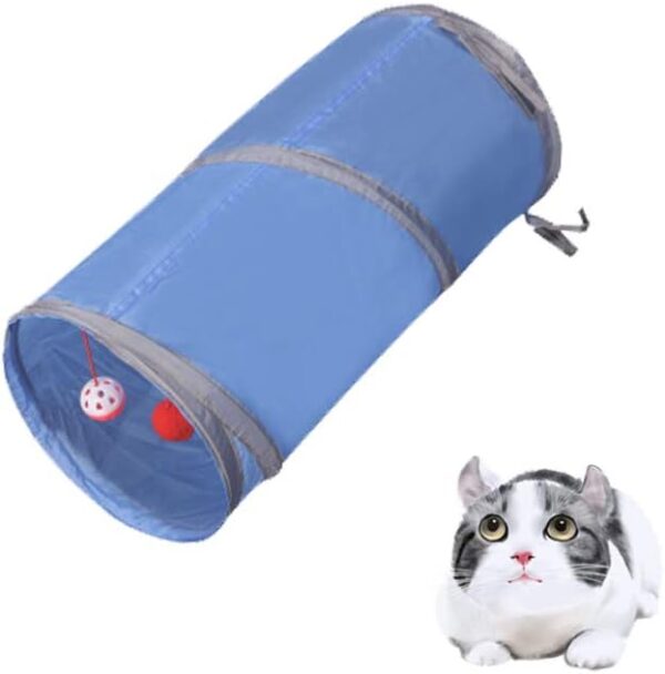 Lightweight Collapsible 2-Way Pet Cat Tunnel with Funny Bell and Dangling Fluffy Ball, Interactive Maze House Toy for Cat,Small Rabbits,Kittens,Puppy, Ferrets, Guinea Pig (2 way, Blue1)