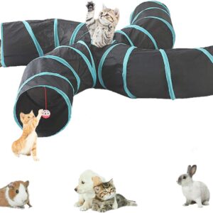 Lightweight Collapsible 5 Way Cat Tunnel with Pompom and Bells,Interactive Crinkle Pop Up Maze House Toy for Cat,Small Rabbits,Kittens,Puppy, Ferrets, Guinea Pig (4 way S-shape, Blue/Black)