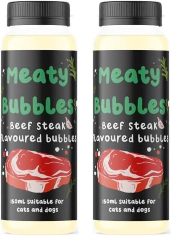 Meaty Bubbles Bubbles For Dogs MULTIPACK x 2, Dog Toys, Pet Bubbles Blowing Bubbles, Pet Toys, Dog Interactive Toys, Birthday Gifts For Dogs NON TOXIC, VEGAN FRIENDLY ((BEEF STEAK PACK OF 2))