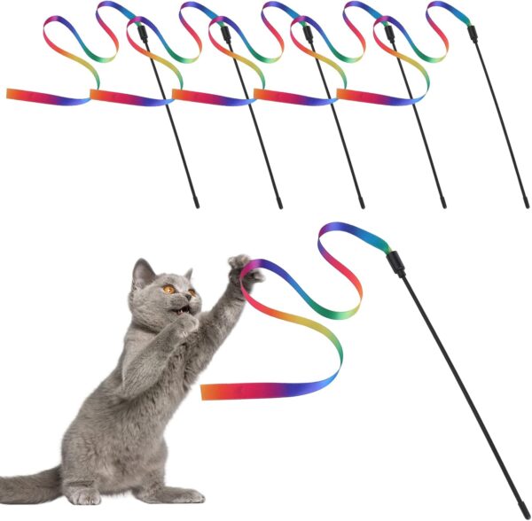 Molain Cat Wand Interactive Toy, 5Sets Colorful Fabric Ribbon Sticks, Cat String Toy for Indoor Interactive, Pet Toys for Kitten Exerciser Accessories(Rainbow Cat String Toy)