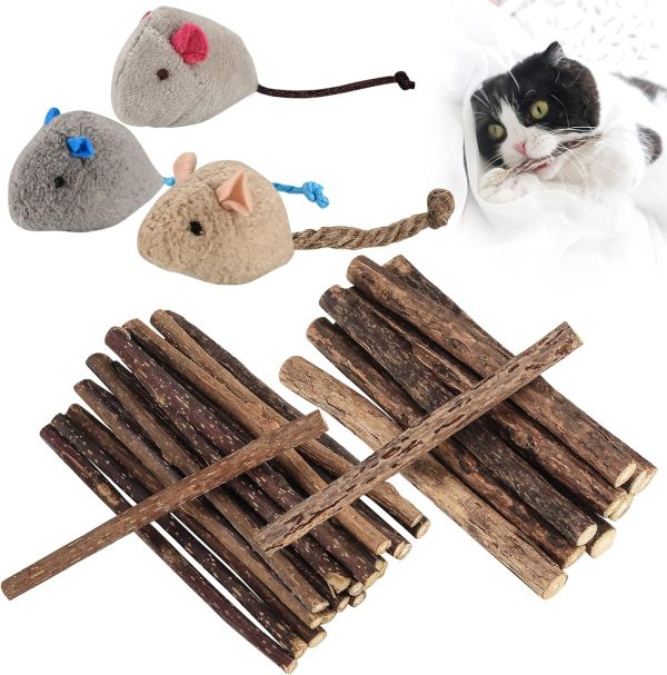 Newoutset 33 Pcs Cat Catnip Sticks, Cat Catnip Chew Toys Natural, Silvervine Matatabi Catnip Sticks Toys, Cat Kitten Teething Toys Sticks for Cat Kitten Teeth Cleaning, Including 3 x Cat Mouse Toy