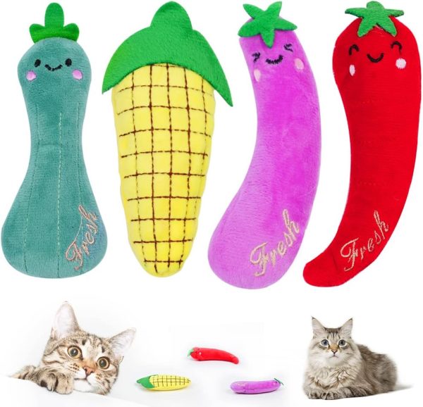 OSDUE Cat Catnip Toys, 4 Pack Catnip Vegtable Toys for Cat, Cat Interactive Toys, Interactive Plush Cat Toys for Cat, Cartoon Kitten Teething Interactive Toy