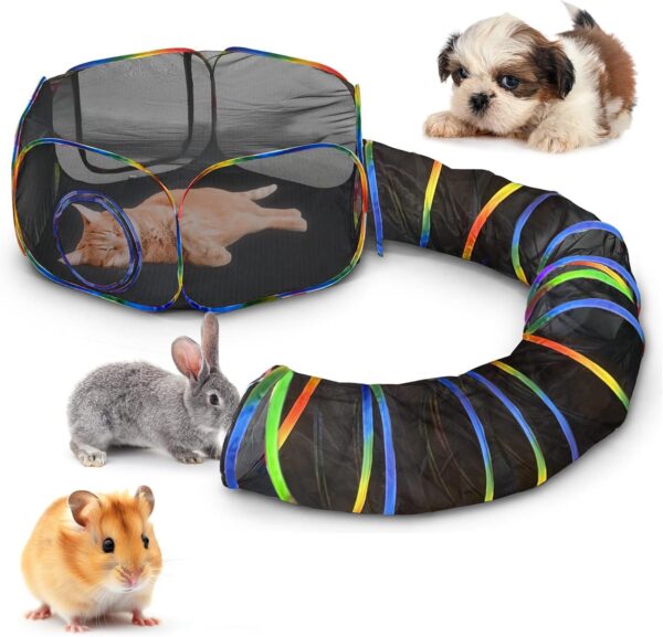 Outdoor 2-in-1 Cat Tunnel & Play Tent - Fun Enclosures Linked with 2 Big Zipper Doors, Breathable Mesh Stays Cool, Cat Tunnel Outdoor Indoor Playpen 2 in 1 Enclosure, Tent