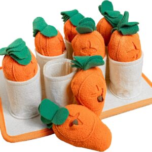 PAWS MANIA Interactive Dog Puzzle Toy (Carrot) for small to medium sized dogs, hide and seek treats with hidden squeakers